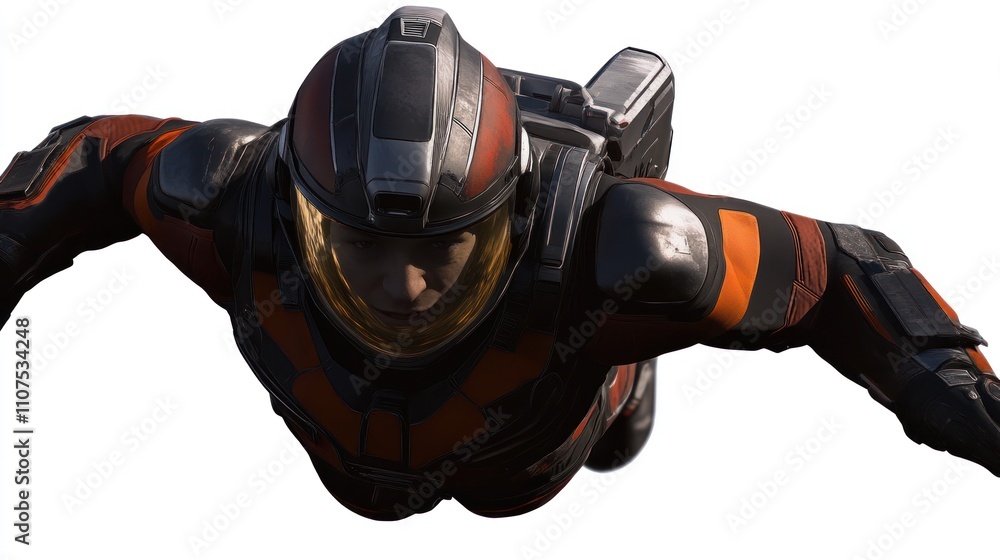Poster a futuristic character in a sleek suit, possibly for a sci-fi game or movie.