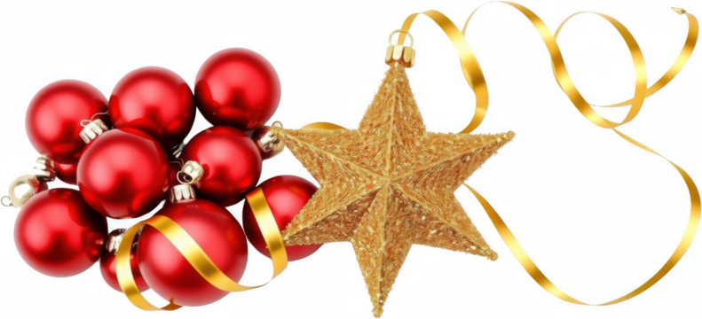 Festive Christmas Ornaments Red Balls Gold Star Golden Ribbon