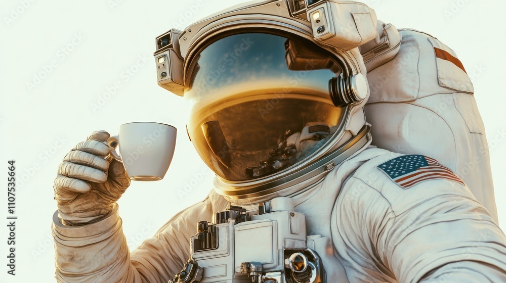 Poster an astronaut enjoying a cup of coffee while gazing at a distant landscape.