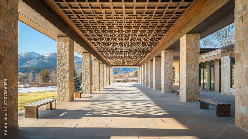 Poster a serene architectural corridor with stone pillars and a patterned ceiling, showcasing nature.
