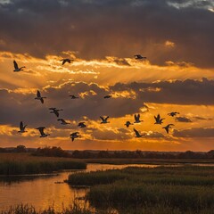 Geese flying against the backdrop of an orange autumn sunset.

