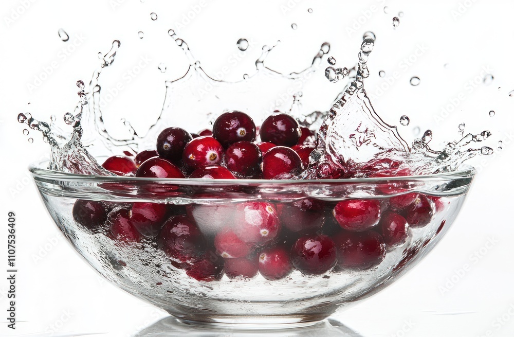 Poster A glass bowl filled with cranberries, splashing water creating dynamic movement.