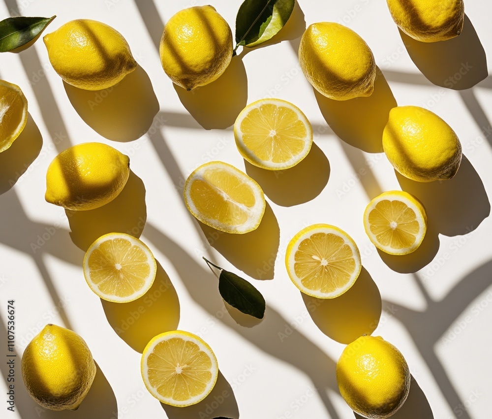 Poster bright lemons arranged with slices and leaves, casting shadows on a light surface.