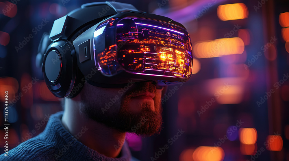 Poster engaging in virtual reality experience with advanced headset technology in a vibrant digital environ