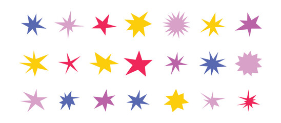 Sharp stars shapes set. Bright irregular sparks, colorful twinkles. Abstract edgy sparkle and stars elements pack. Asymmetry forms