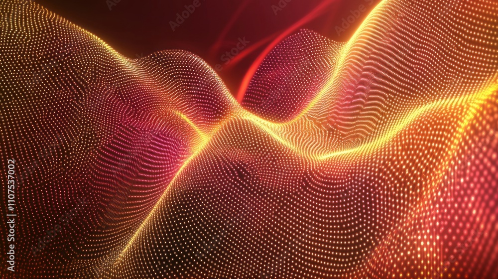 Poster abstract technology background featuring dynamic neon wave of particles with gradient colors, showca