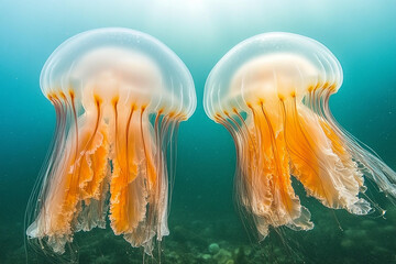 Fototapeta premium two beautiful jellyfish swim the deep blue ocean water generated by AI