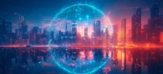 Fototapeta premium Futuristic Smart Cityscape with Global Communication Network and Technology Interface