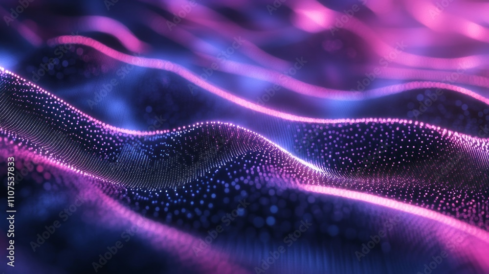Poster abstract technology background featuring dynamic neon wave of particles with gradient colors, showca