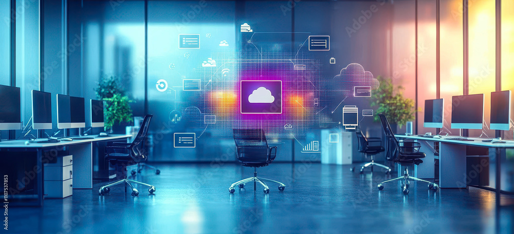 Poster modern office with cloud computing and erp software concept in workspace