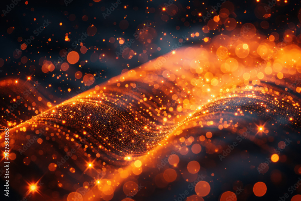 Poster abstract image with bright orange and gold light particles creating a wavy flow effect. illusion of 