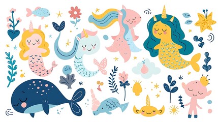 Fototapeta premium Cute cartoon mermaids, unicorns, narwhals, and floral elements illustration.