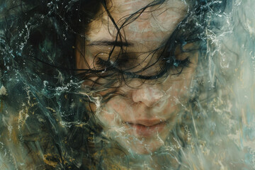 Fototapeta premium Portrait of a young woman with her eyes closed, submerged underwater. 
