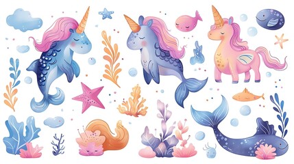 Fototapeta premium Cute watercolor unicorns, narwhals, sea elements, and fish illustration.