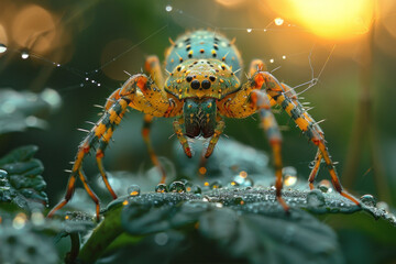 close-up of a spider against a background of greenery and morning sun.  