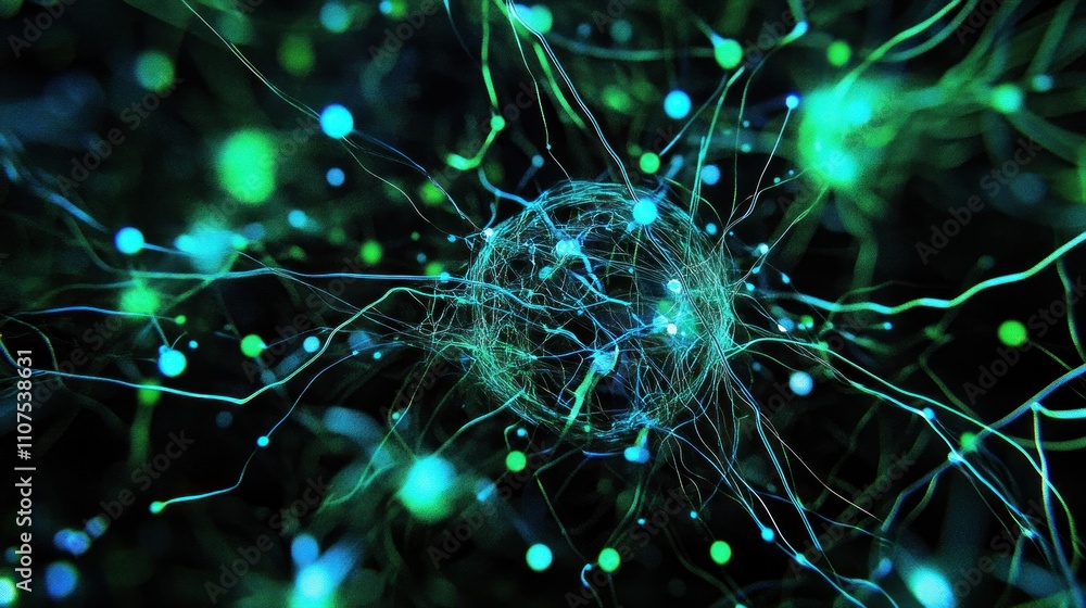 Poster digital representation of neural connections and synapses illustrating brain activity