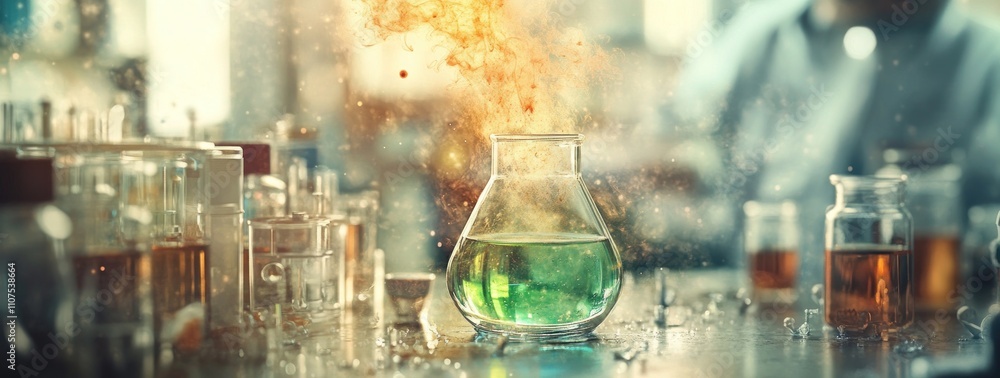 Poster A laboratory scene featuring a glowing flask with colorful liquids and a blurred background.