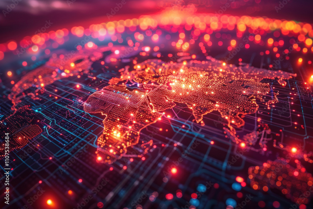 Poster digital map of the world, made in bright neon colors. the map is a collection of luminous dots and l