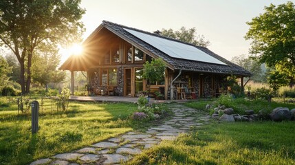 Charming Eco-Friendly Cottage with Solar Panels Surrounded by Lush Greenery and Beautiful Gardens at Sunset, Perfect for Sustainable Living and Nature Retreats