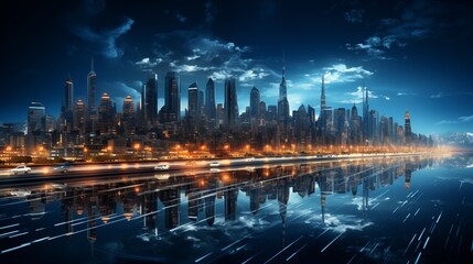 Obraz premium Smart digital city view with high speed light trail of cars of digital data transfer Smart digital city with high speed light trail of cars of digital data transfer .