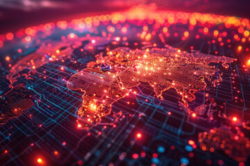 Digital map of the world, made in bright neon colors. The map is a collection of luminous dots and lines connecting different regions of the planet, creating the impression of a global network.