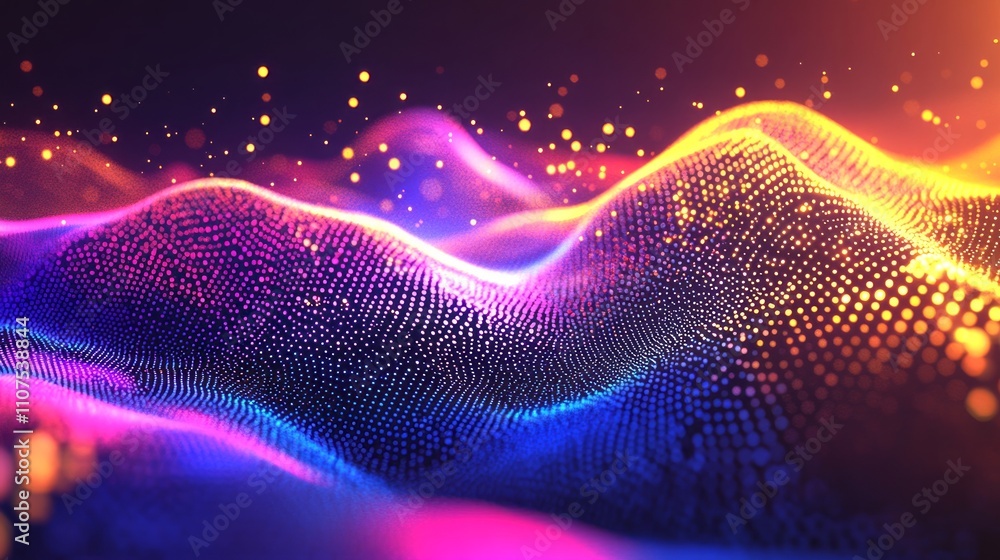 Poster Abstract Technology Background Featuring Dynamic Neon Wave of Particles with Gradient Colors, Showcasing a Network of Connected Dots Representing Big Data and Digital Innovation for Futuristic and Hig