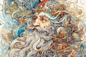 Naklejka premium portrait of an old man with a long gray beard and thick hair, wearing a decorated helmet or crown. 