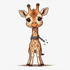 Obraz premium a chibi-style giraffe with broken chains hanging from its neck, standing tall in defiance of oppression. The giraffe has a peaceful yet strong expression, and the background should be plain white. 