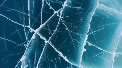 Aerial view of blue ice cracks at lake Baikal. Arctic frozen water surface in winter. Northern natural glacial icy texture background. Snowy crystal clear top view of a majestic organic pattern.