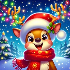 Fototapeta premium Joyful reindeer wearing Santa hat and scarf stands in a winter wonderland with colorful lights snow