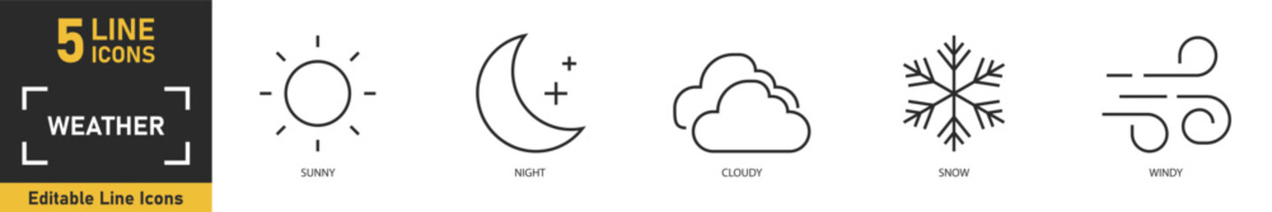 Fototapeta premium Weather line icon set. Set of 5 outline icons related to sunny, night, cloudy, snow, windy and more. Vector illustration.