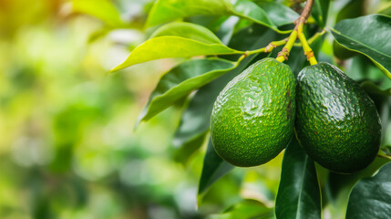 Avocado on branches in avocado tree background .