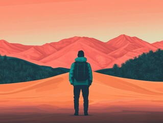 A person stands alone on a sandy path, gazing at vibrant mountains under a colorful sky at dusk, evoking a sense of adventure and solitude.