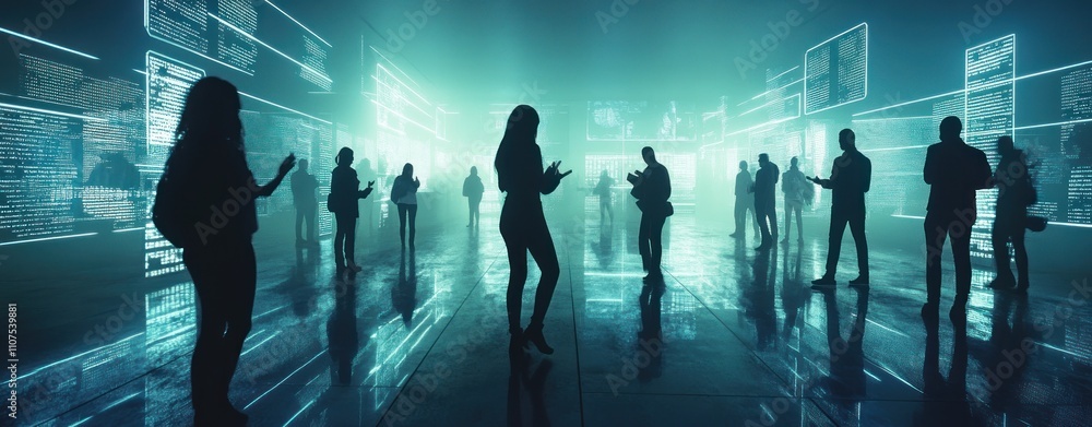 Poster silhouetted figures interacting with digital screens in a futuristic environment.