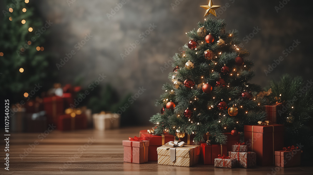 Poster a large christmas tree with many ornaments and a star on top. the tree is surrounded by many present