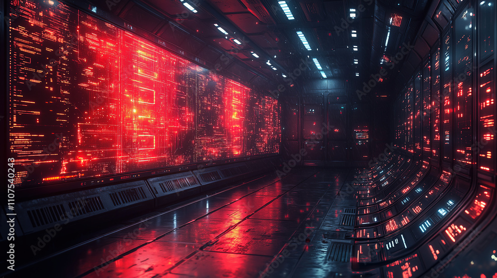 Poster sci-fi corridor with glowing red data panels in a futuristic setting during a technology-focused sce
