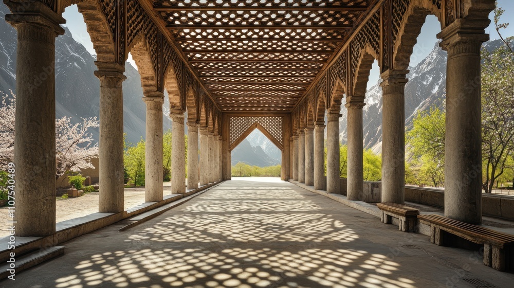 Aufkleber a serene corridor with intricate arches and shadows, set in a natural landscape.