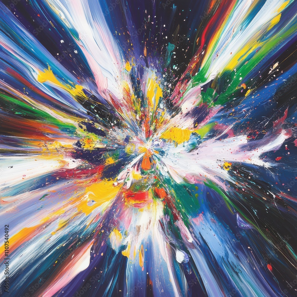 Poster vibrant abstract explosion of colors in a dynamic art piece with rays of light and fluid brushstroke