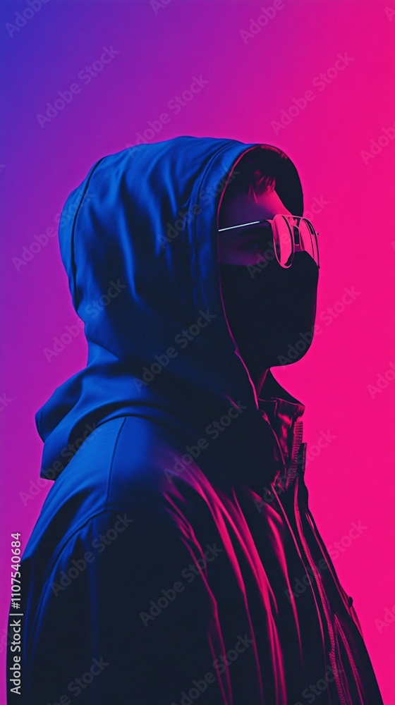 Poster hacker wearing mask and futuristic glasses posing in neon light