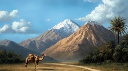 A serene landscape featuring a camel in a desert setting with majestic snow-capped mountains and palm trees under a clear blue sky.