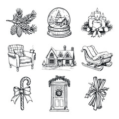 Vintage Christmas Illustration Set, Retro Christmas, Winter holiday hand drawn style icons