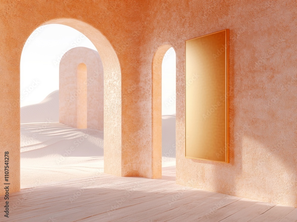 Poster A serene architectural space with arches and a reflective surface in a sandy environment.