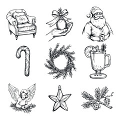 Vintage Christmas Illustration Set, Retro Christmas, Winter holiday hand drawn style icons