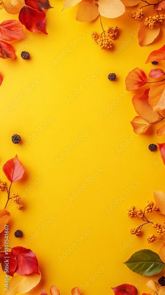 Poster autumn leaves and berries creating a vibrant frame on yellow background
