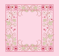 Flat Vector Illustration of Ornate Floral Frame Featuring Flowers, Leaves, and Curved Details. Vibrant Symmetrical Design on Light Background. Suitable for Invitations, Fantasy Themes, or Elegant Stat