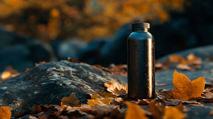 Obraz premium Black water bottle on rocks amidst autumn leaves.