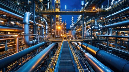 Industrial facility with pipes and infrastructure illuminated at night