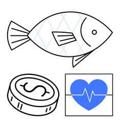 Fish with scales, dollar coin, and heartbeat with blue heart icon. Ideal for health, finance, sustainability, aquatic life, wellbeing economy and medical themes. Line metaphor © robu_s