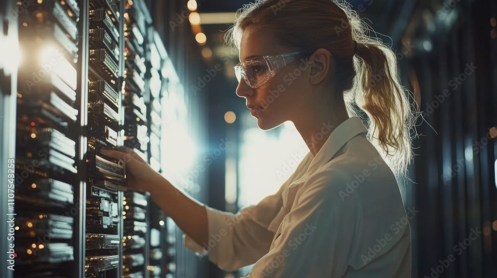 Poster a woman in a lab coat and protective eyewear is focused on adjusting equipment in a server rack with