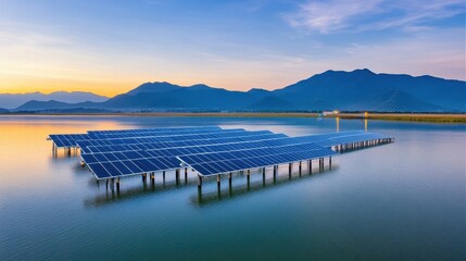 Fototapeta premium Expansive Solar Panels Installed Over Water During Sunset Surrounded by Scenic Mountains and Calm Waters Reflecting the Colorful Sky
